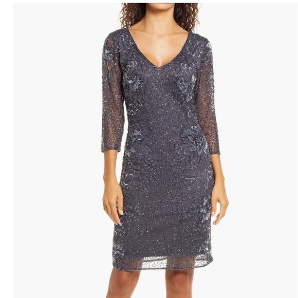 Pisarro Nights Dresses & Skirts - Pisarro Nights Beaded V-Neck Grey 3/4 Sleeve Cocktail Formal Dress Womens 8